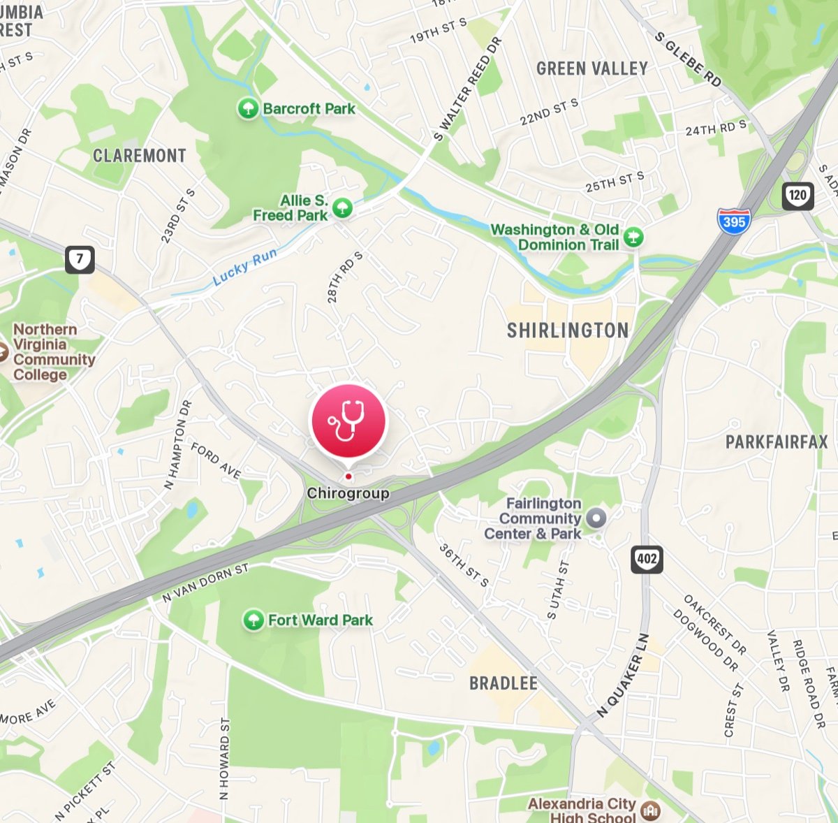 Map showing ChiroGroup near Shirlington in Arlington, Virginia